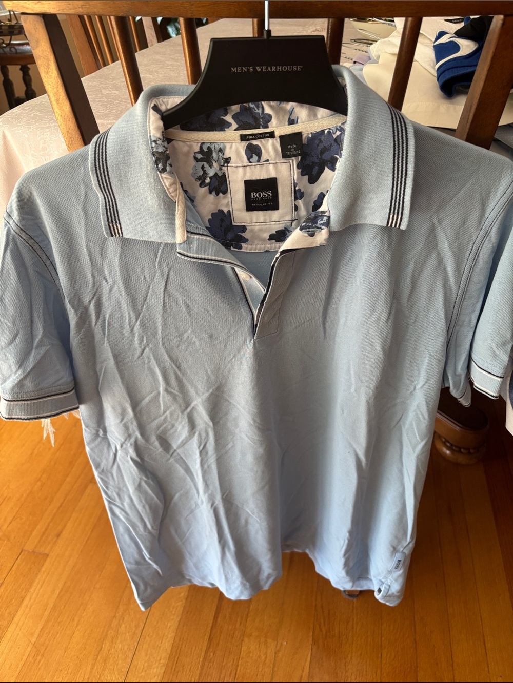 BOSS Light Blue Polo with Floral-Trim Collar